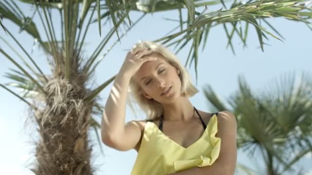 Sexy fille blonde posant sur la plage tropicale . — Video