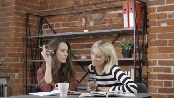 Twee mooie jonge meisjes die studeren aan moderne loft appartement. — Stockvideo