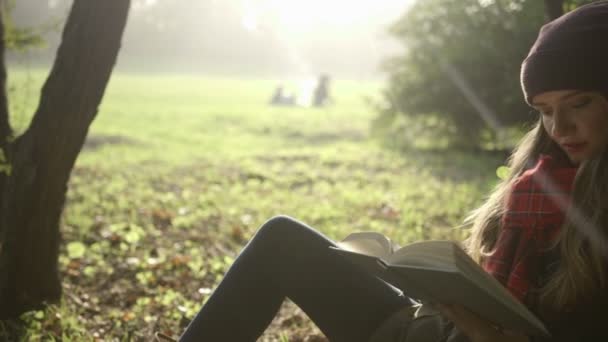 Retrato de bela jovem caucasiana lendo um livro no parque de outono . — Vídeo de Stock