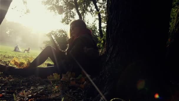 Hermosas mujeres caucásicas jóvenes utilizando tableta en el parque de otoño . — Vídeo de stock