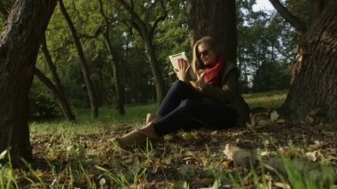 Güzel genç beyaz kadınlar sonbahar parkta tablet kullanma.