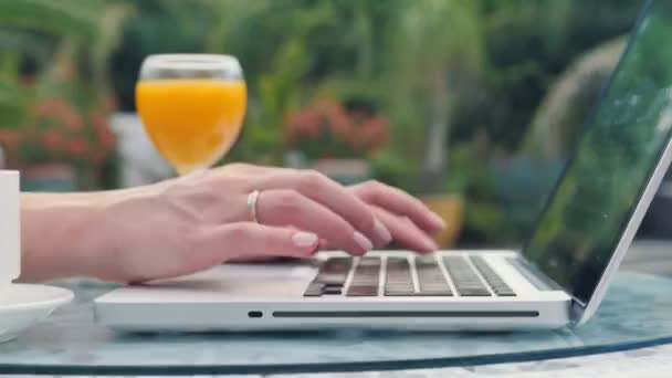 屋外のラップトップ コンピューターで入力する女性の手のクローズ アップ. — ストック動画