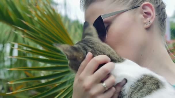 Woman with cat on summer vacations. — ストック動画