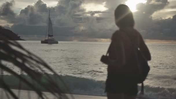 Silueta de mujer joven al atardecer. Vista trasera . — Vídeo de stock