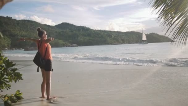 若い女性は、熱帯のビーチでリラックスしたサングラスします。新鮮な空気を呼吸、ビーチに立っている若い女性の側面の肖像画. — ストック動画