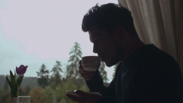 Porträt eines jungen gutaussehenden Mannes, der zu Hause Kaffee trinkt. — Stockvideo