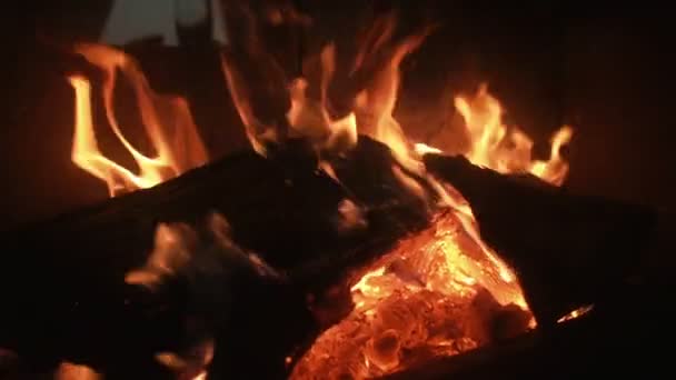 Chimenea caliente llena de leña y fuego . — Vídeos de Stock