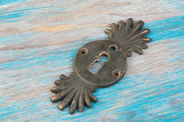 Antique Brass Keyhole Lock Cover Blue Wooden Background Copy Space — Stock Photo, Image