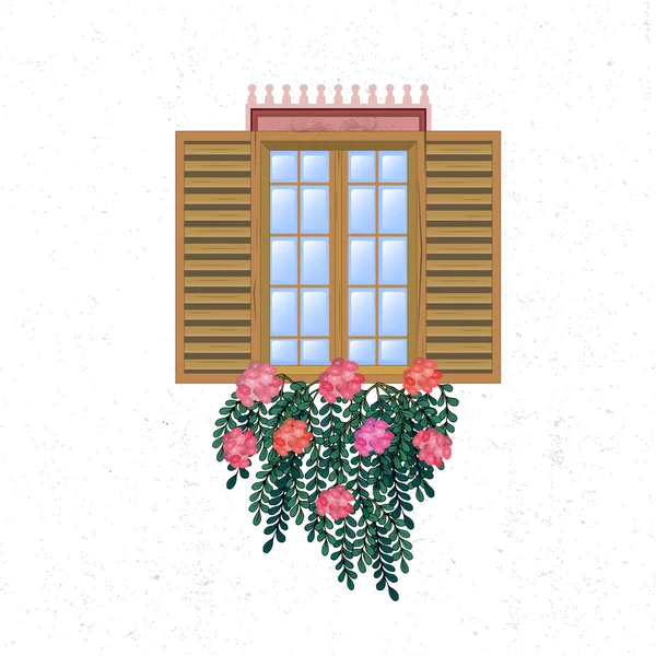 Frühling kommt, Fenster mit Blumen - Vektorillustration. — Stockvektor