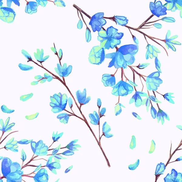 Acquerello ciliegio fioritura blu modello senza cuciture — Vettoriale Stock
