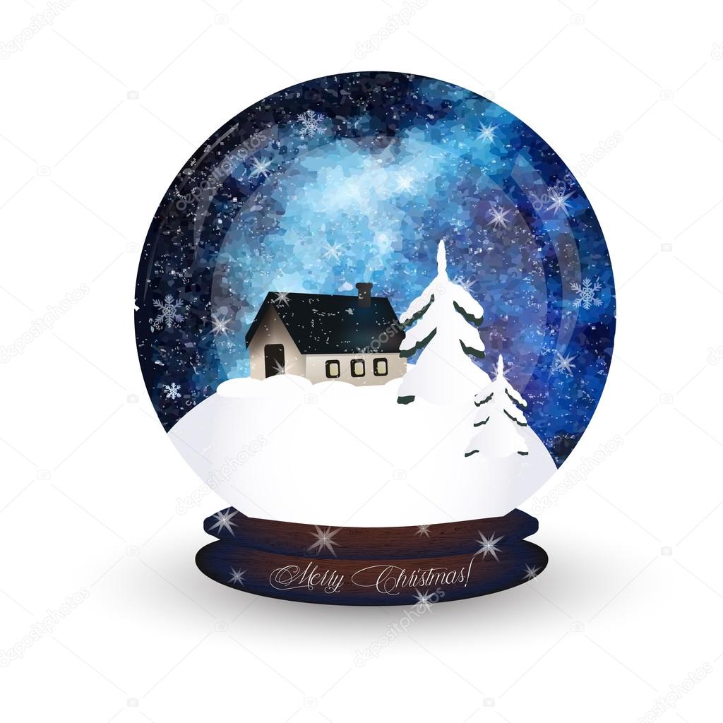 Merry christmas snow globe with a small house and fir-tree under the snow. New Year gift.