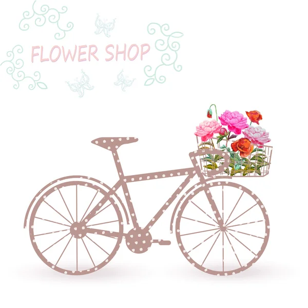 Cykel med korg med blommor. — Stock vektor