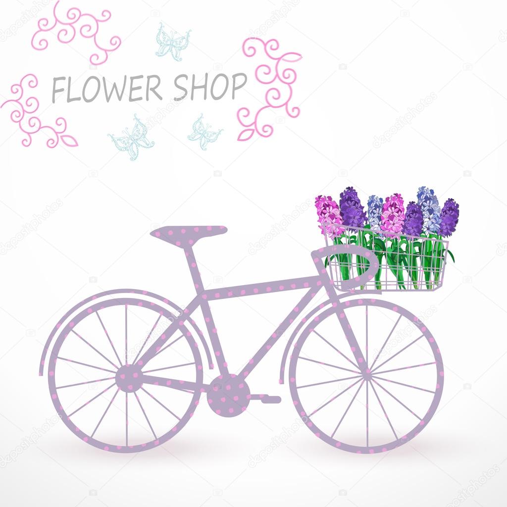 Bicycle with basket of flowers. Can be used for greeting cards, signs flower shops and flower delivery service.