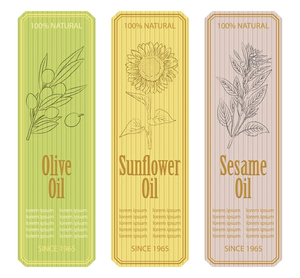 Etiquettes vintage d'huile d'olive, de tournesol et de sésame — Image vectorielle