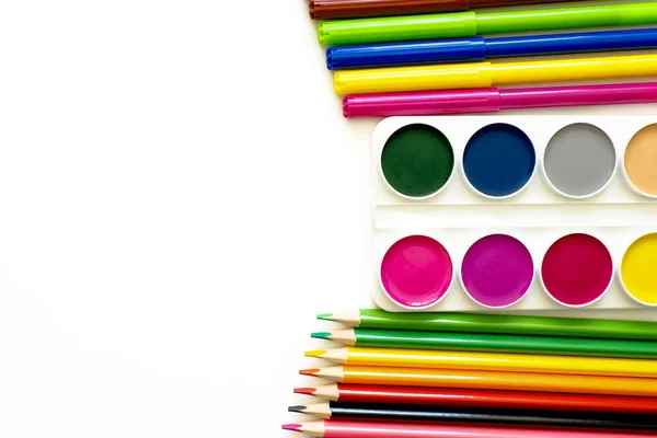 Colored Pencils Paints Markers White Background School Supplies — Stock Photo, Image
