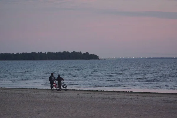 A couple with bicycles stand near the lake or sea
