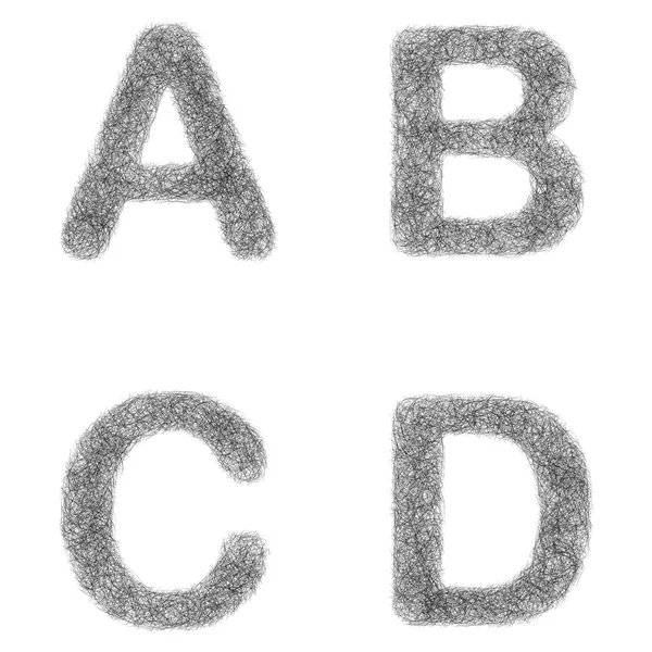Set di caratteri per schizzi pelosi - lettere A, B, C, D — Vettoriale Stock