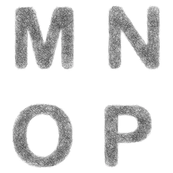 Juego de fuentes de boceto peludo - letras M, N, O, P — Vector de stock