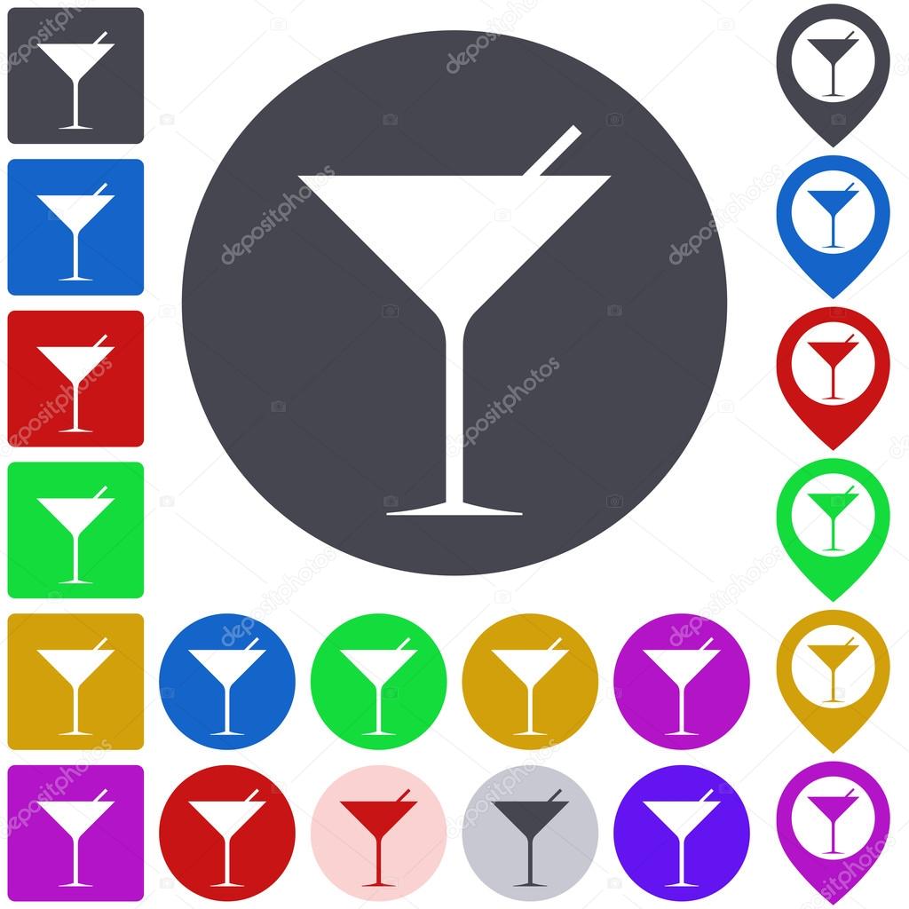 Color cocktail icon, button, symbol set. Square, circle and pin versions.