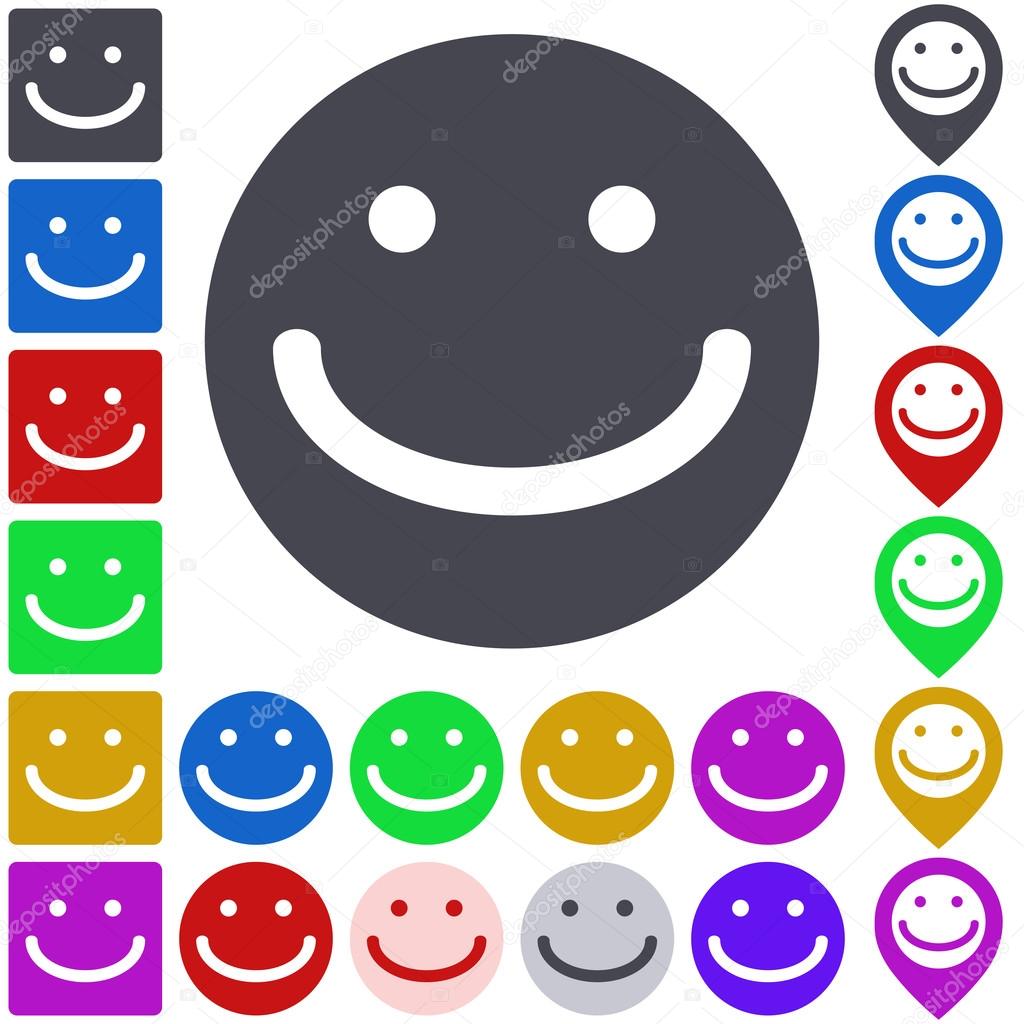Color smile icon, button, symbol set. Square, circle and pin versions.
