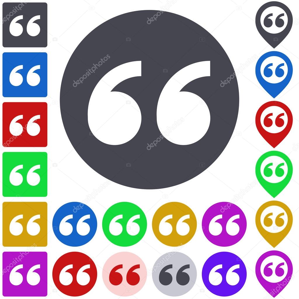 Color quote mark icon, button symbol set. Square, circle and pin versions.