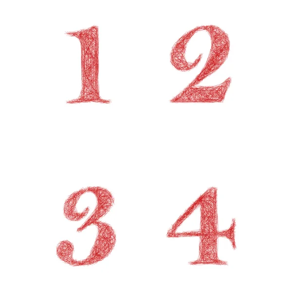 레드 스케치 글꼴 세트-숫자 1, 2, 3, 4 — 스톡 벡터