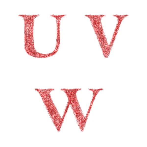 Jeu de polices croquis rouge - lettres U, V, W — Image vectorielle