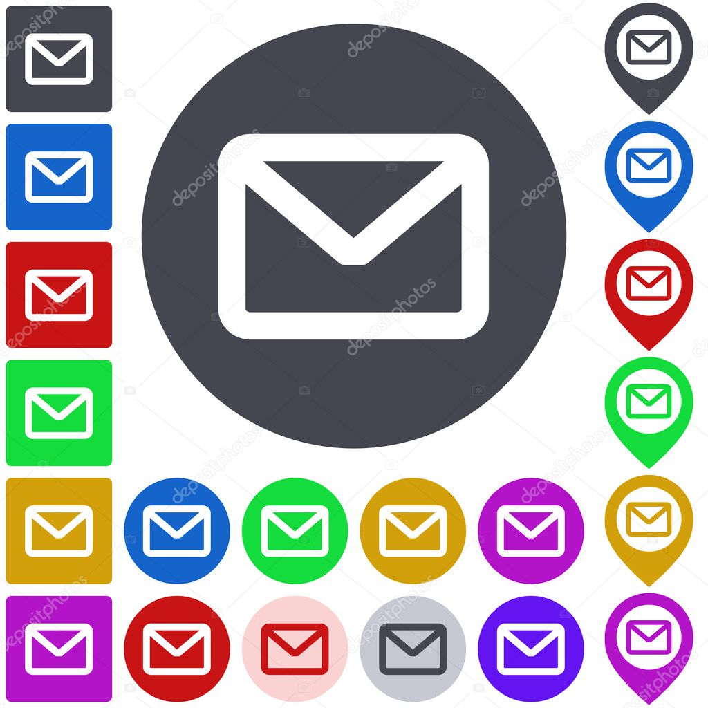 Color mail icon set. Square, circle and pin versions.