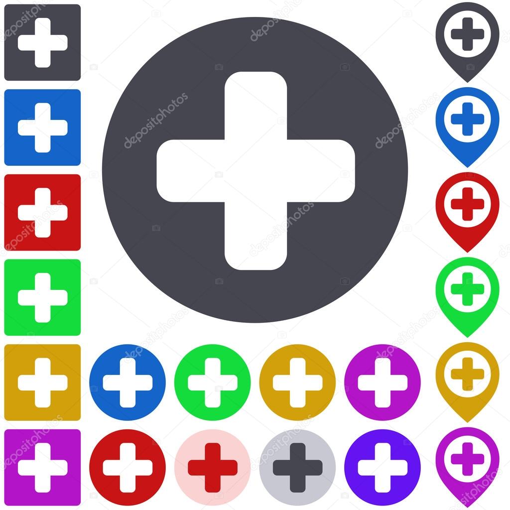 Color plus icon set. Square, circle and pin versions.