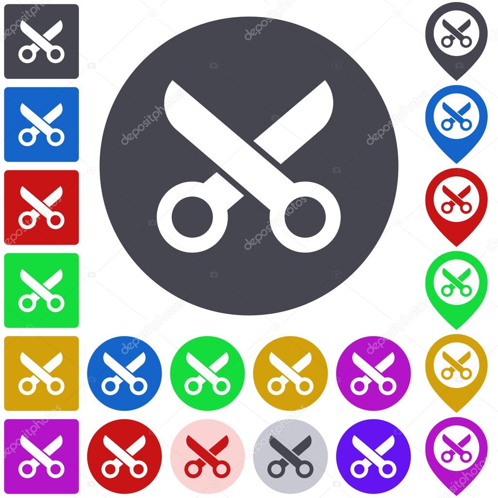 Color scissor icon set. Square, circle and pin versions.