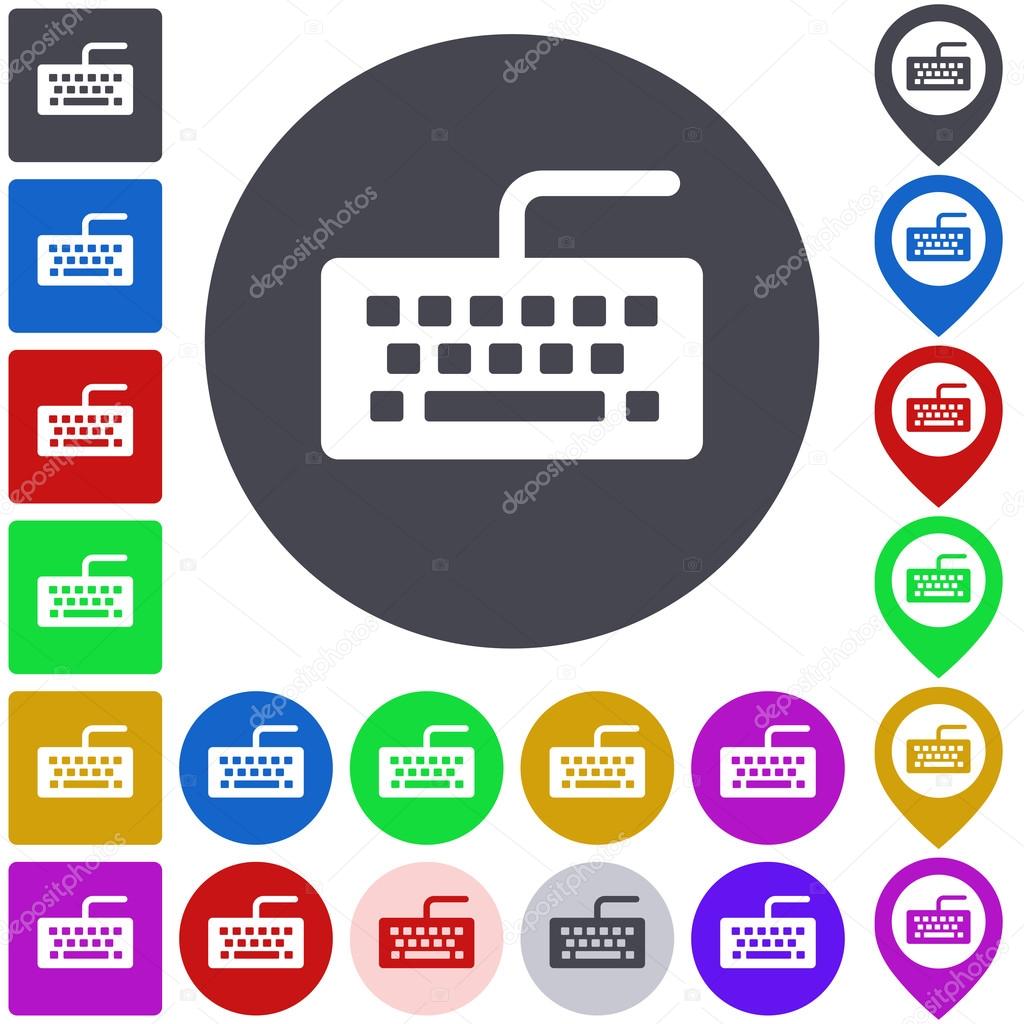 Color keyboard icon set. Square, circle and pin versions.