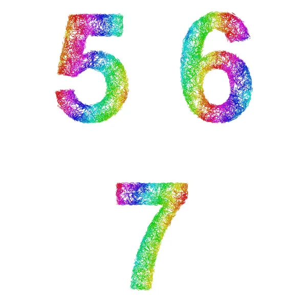 Rainbow sketch font set - numbers 5, 6, 7 — Stock Vector