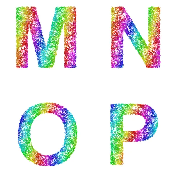 Schriftset für Regenbogenskizzen - Buchstaben m, n, o, p — Stockvektor
