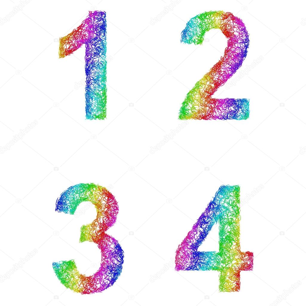 Rainbow sketch font set - numbers 1, 2, 3, 4