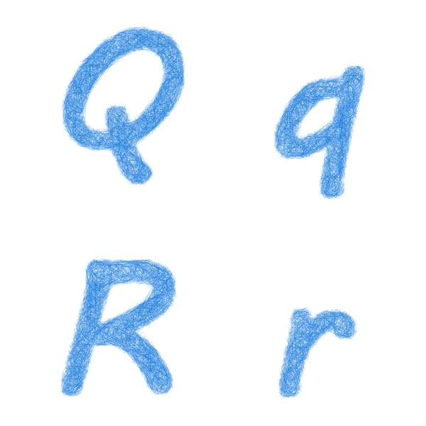 Blauwe schets lettertypeset - letters Q, R — Stockvector