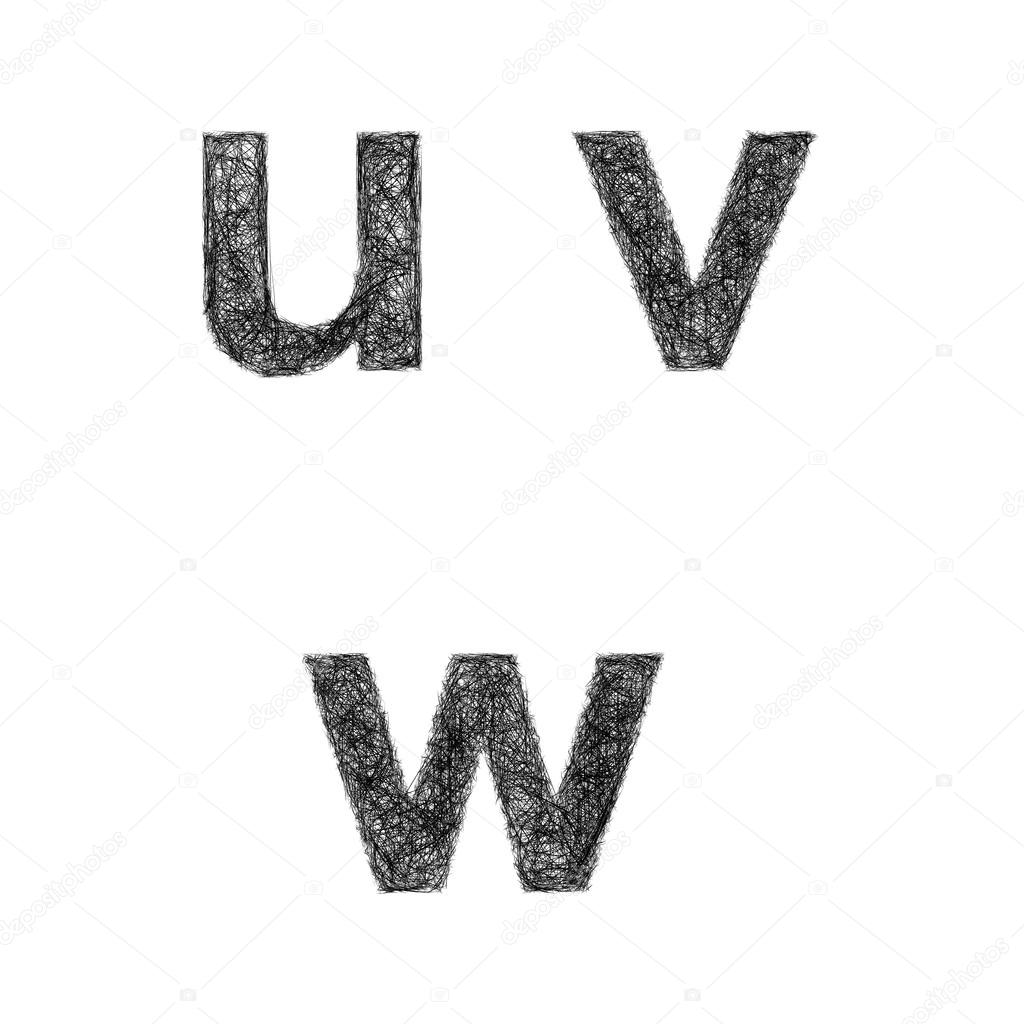 Sketch font set - lowercase letters u, v, w