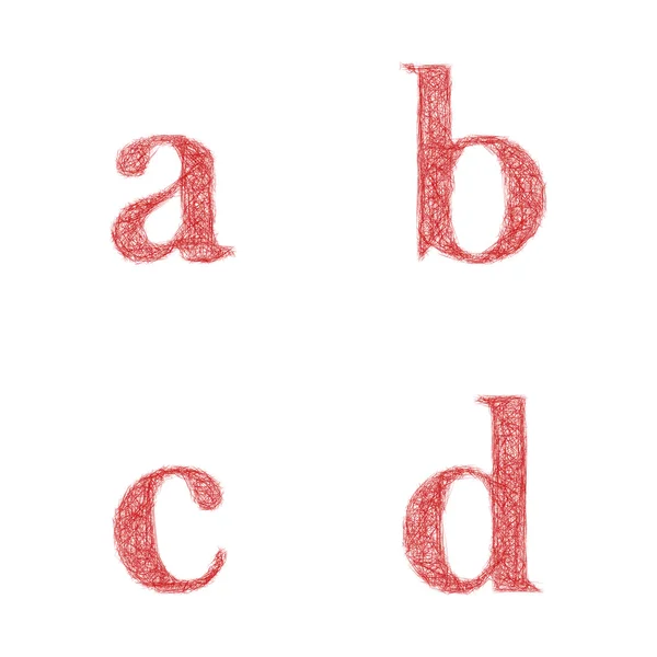 Red sketch font set - lowercase letters a, b, c, d — Stock Vector