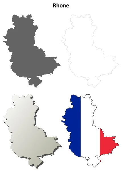Set di mappe di contorno di Rhone, Rhone-Alpes — Vettoriale Stock