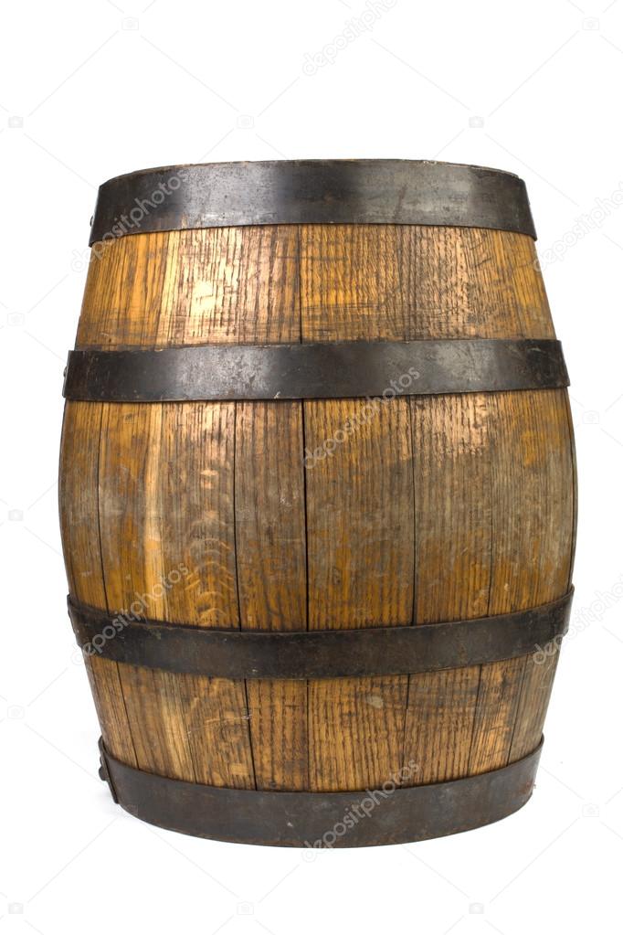 Wood barrel with steel rings on white