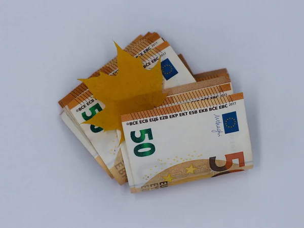 Plusieurs Billets Euros Pliés Une Feuille Érable Automne Sur Fond — Photo