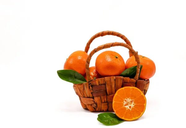 Wicker Basket Fresh Citrus Fruits Tangerines White Background Close Ripe Royalty Free Stock Photos