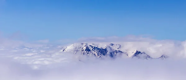 A picturesque, natural, minimalist landscape with a mountain peak above dense low clouds. The top of the mountain floats in thick clouds