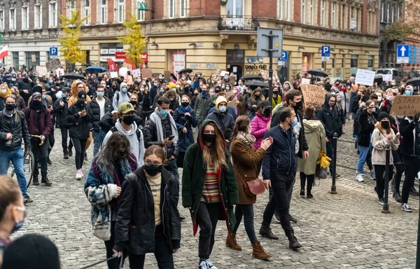 Krakow Polen Oktober 2020 Polerna Samlades Med Mask Pandemin För — Stockfoto