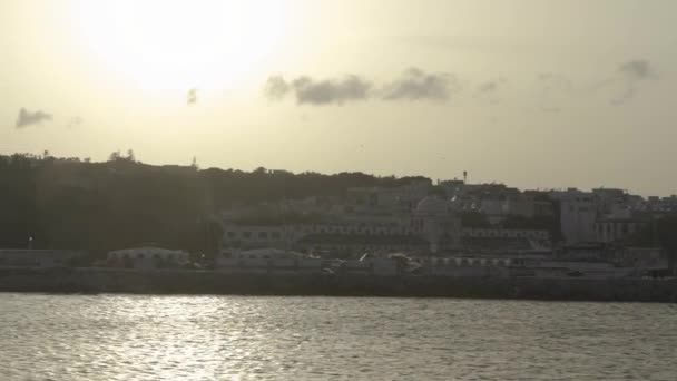 Rhodes Greece Pan Shot Rhodes Town Landscape Sunset Mandraki Harbour — Stock Video