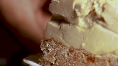 Ekstrem seçici odaklı karamelli peynirli tatlı pastası, beyaz arka planda ve bir kaşık dilimlenmiş. Lezzetli pasta kesimi