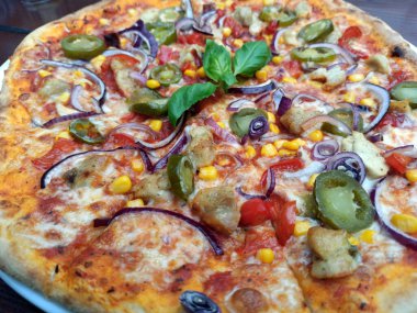 Biberli, soğanlı, peynirli ve biberli biberli bir pizza. Lezzetli bir fırında pizzanın üzerinde tipik malzemeler var..
