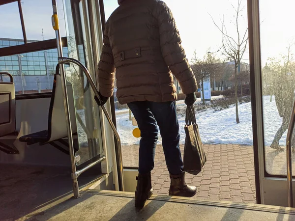 Woman Passenger Jeans Coat Jacket Hand Bag Getting Bus Winters — Photo