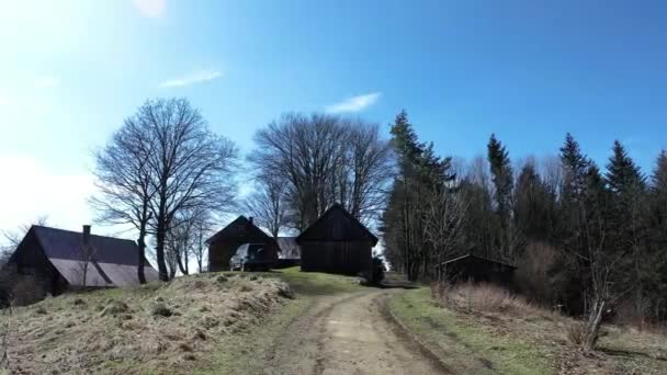 Limanowa Poland Pan Shot Dirt Road Leading Shed Car Country — Stock Video