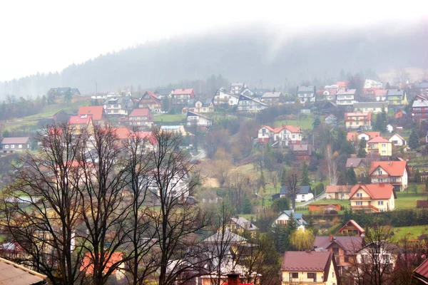 Horizontální Záběr Zimních Domků Tvaru Proti Bezlistým Stromům Domkům Horách — Stock fotografie