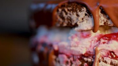 Polonya Wuzetka Tatlısı 'nın makro yakın çekim görüntüleri Polonya kökenli beyaz kremalı kek, çikolatalı pasta ya da kremalı pasta. Yavaşça çeviriyorum. Pişmiş kek.